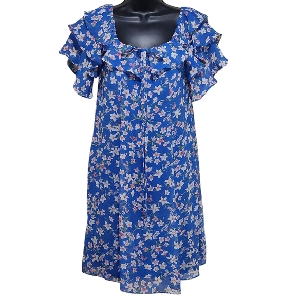 Roz & Ali Womens Blue Floral Flutter Sleeve Off Shoulder Boho Flowy Dress Size 8 - Picture 1 of 7